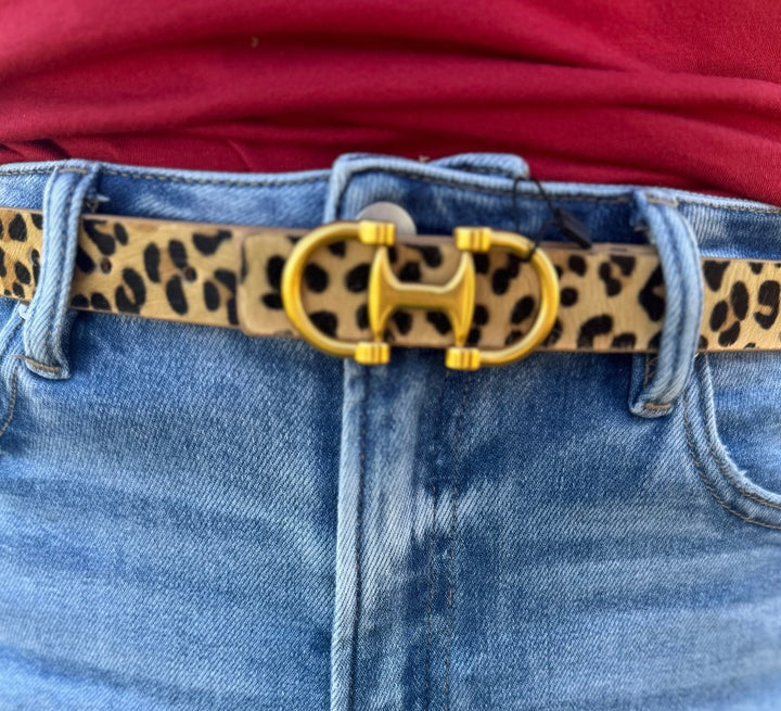 Horse Bit Leopard Skinny Belt