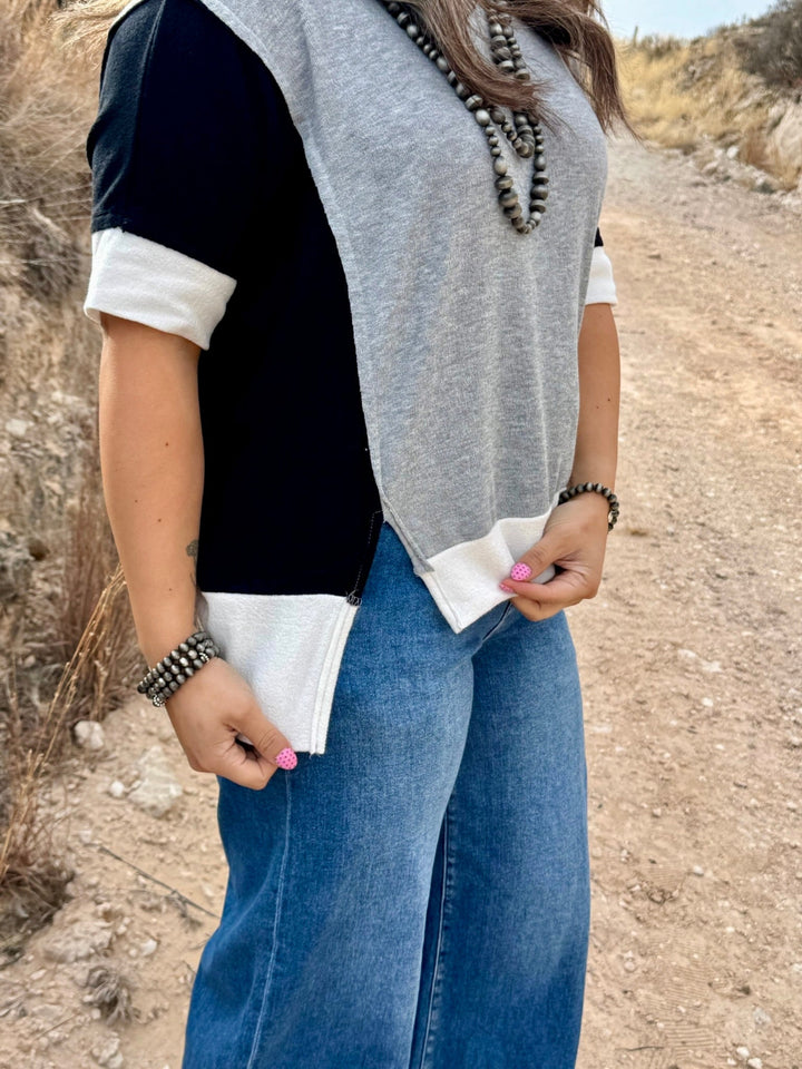 Tara Grey Colorblock Drop Shoulder Top