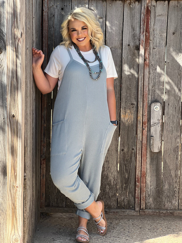 Dusty Blue Ribbed Romper
