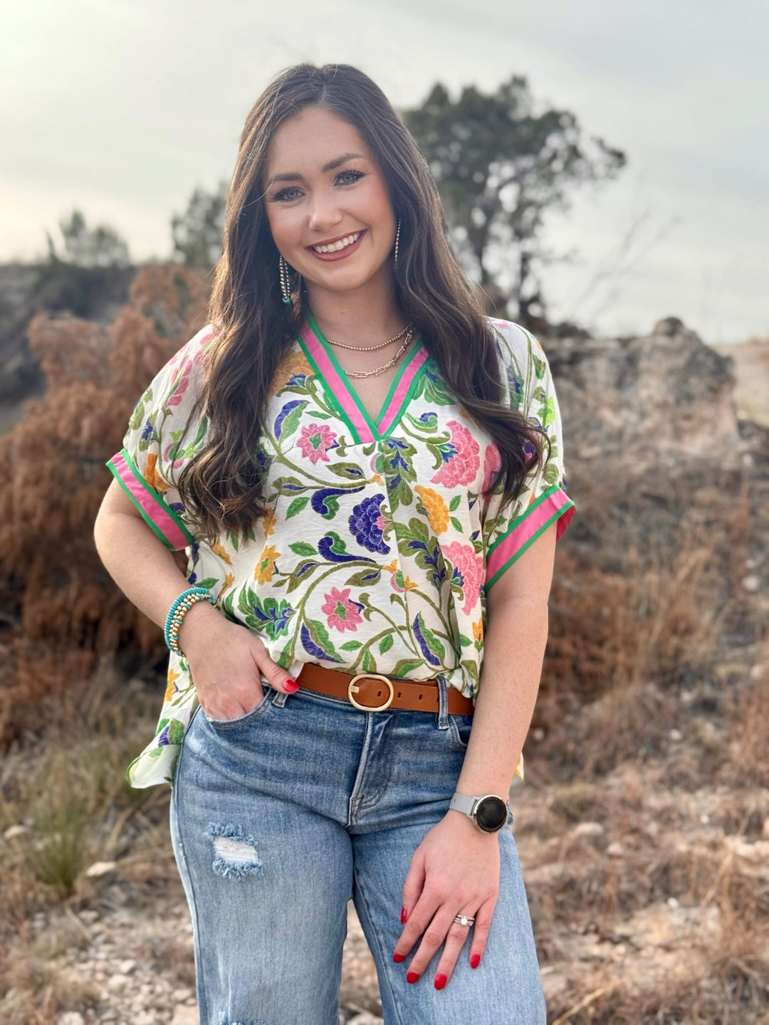 Hally Pink & Green Floral Top