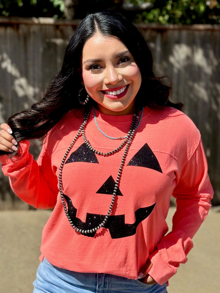 Long Sleeve Glitter Jack O' Lantern Graphic Tee by Texas True Threads