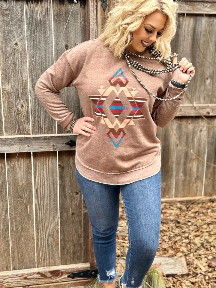 Tan Nacona Aztec Poncho Sweatshirt by Texas True Threads