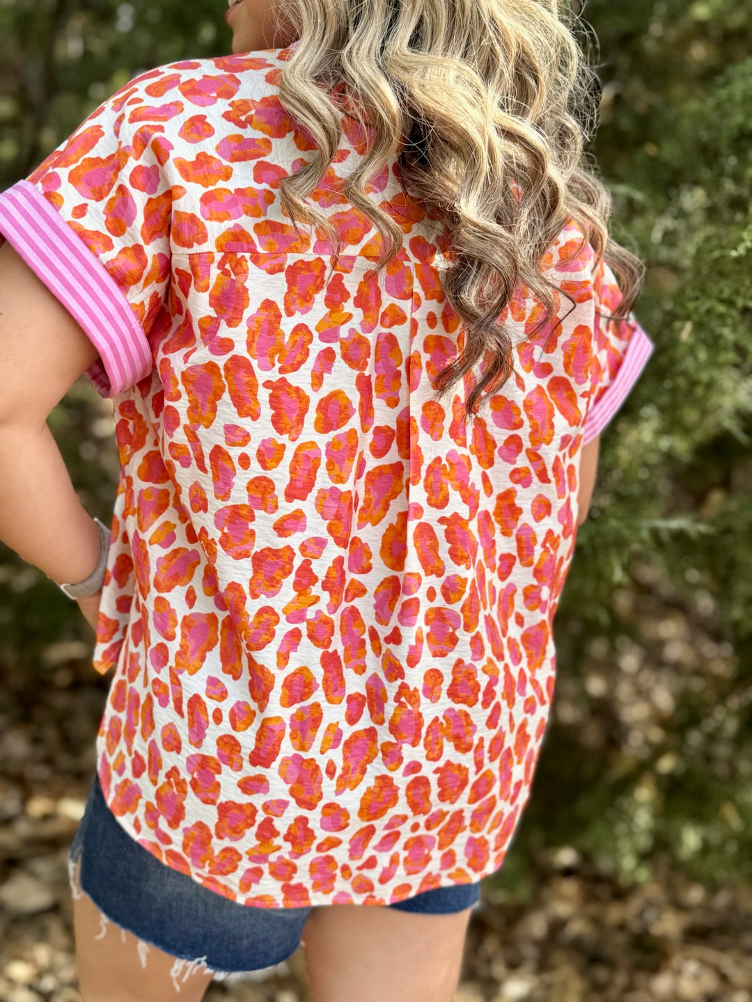 RaeAnn Pink & Orange Leopard Top
