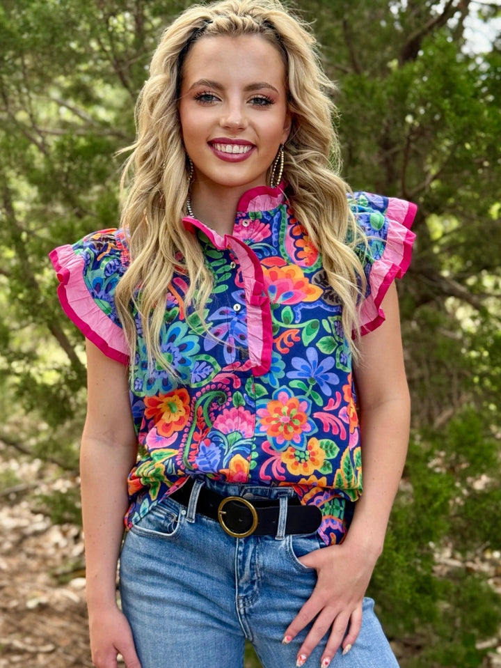 Bold Floral Flutter Sleeve Top