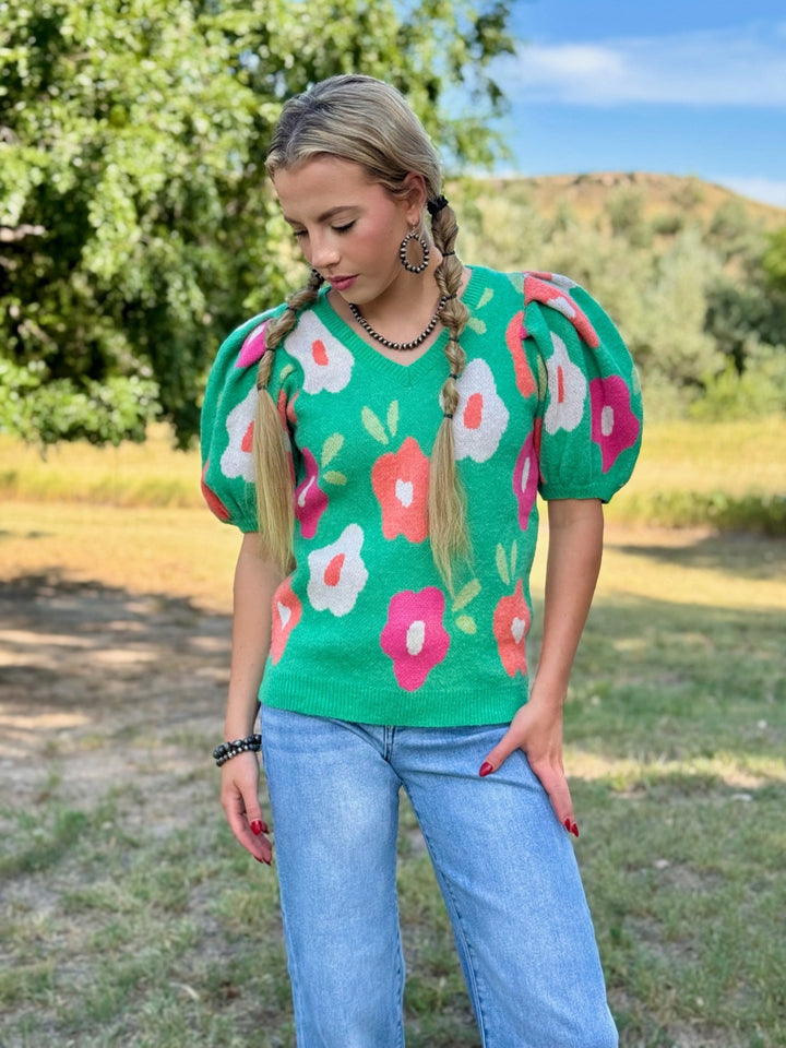 Harper Green Floral Puff Sleeve Sweater