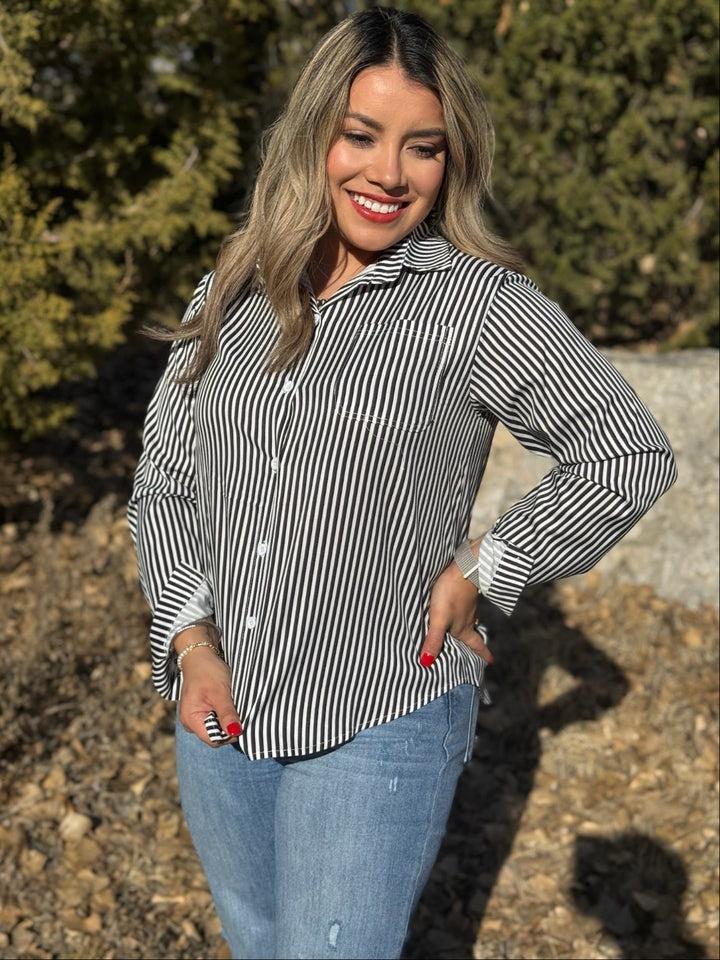 Emily Black & White Stripe Button Down Top