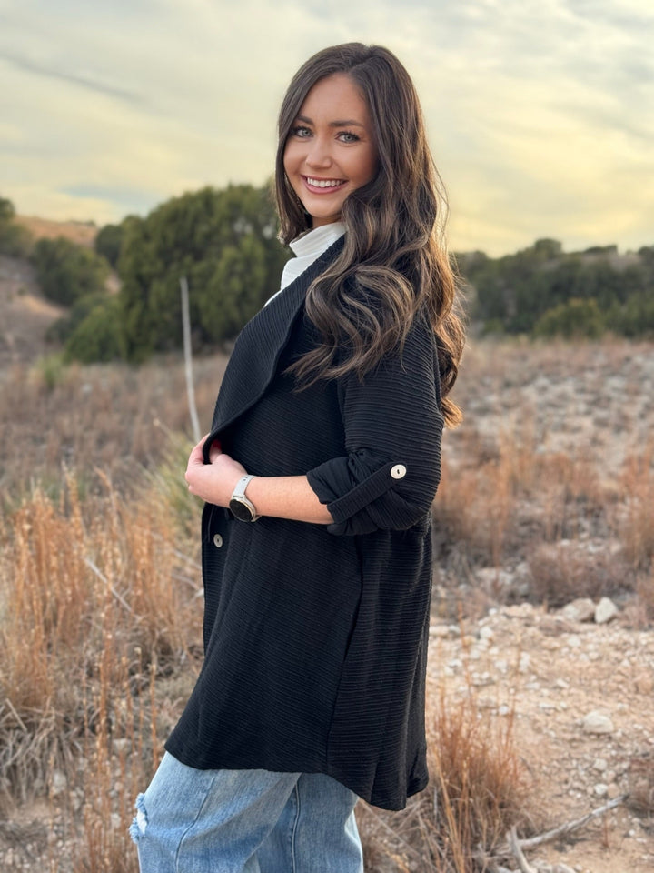 Eve Black Textured Fold Sleeve Jacket