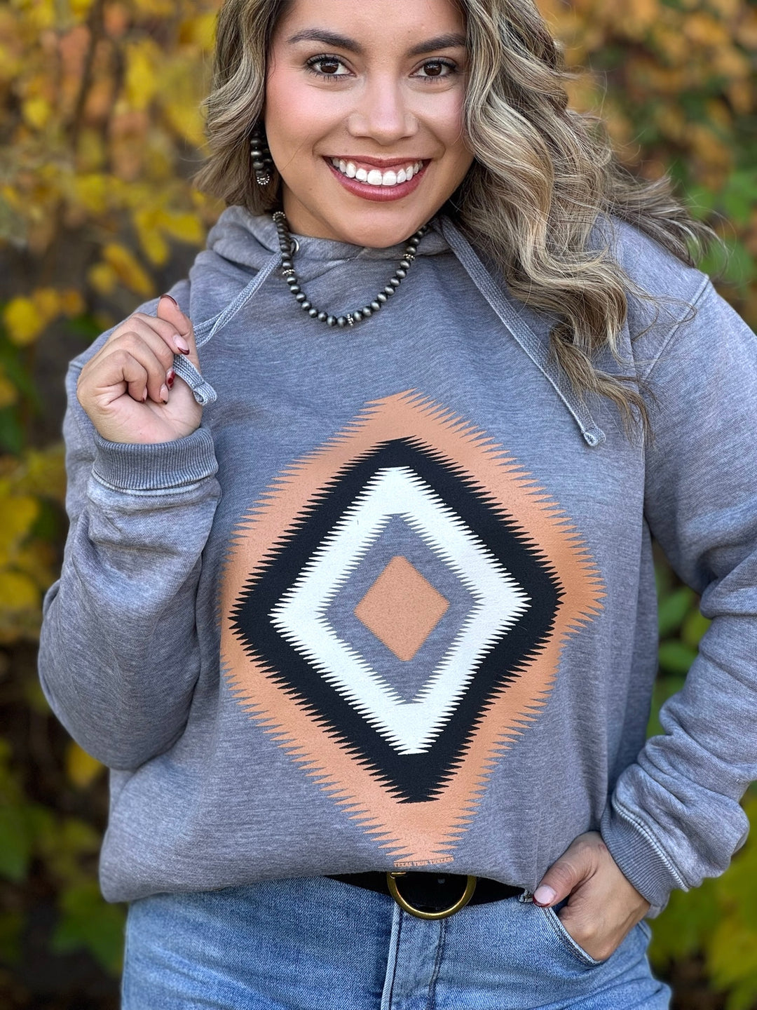 Zig Zag Aztec Grey Raw Hem Hoodie by Texas True Threads