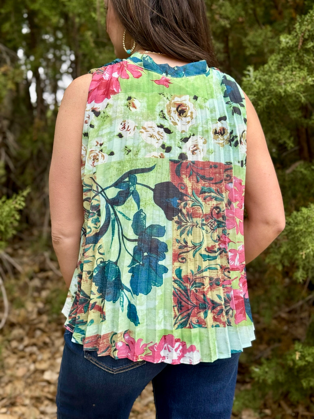 Green Escape Floral Pleated Top