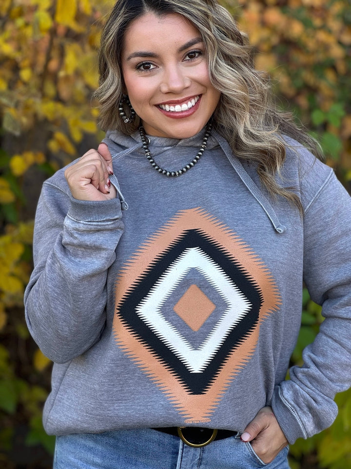 Zig Zag Aztec Grey Raw Hem Hoodie by Texas True Threads