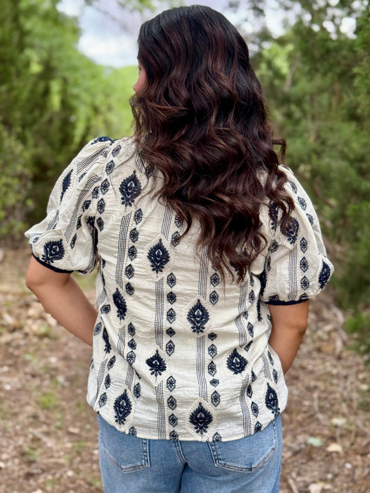 Navy Floral Embroidered Sleeve Top