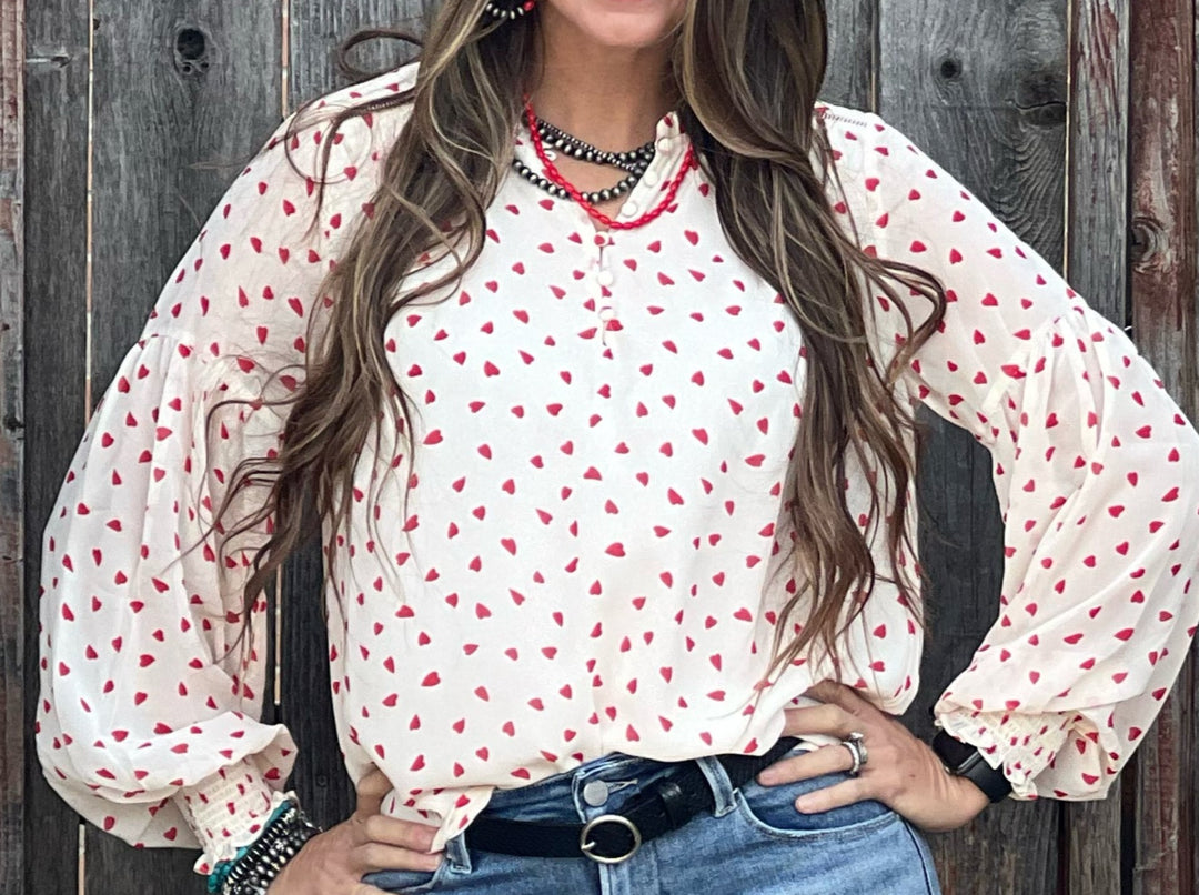 Gerry Cream Blouse with Red Hearts