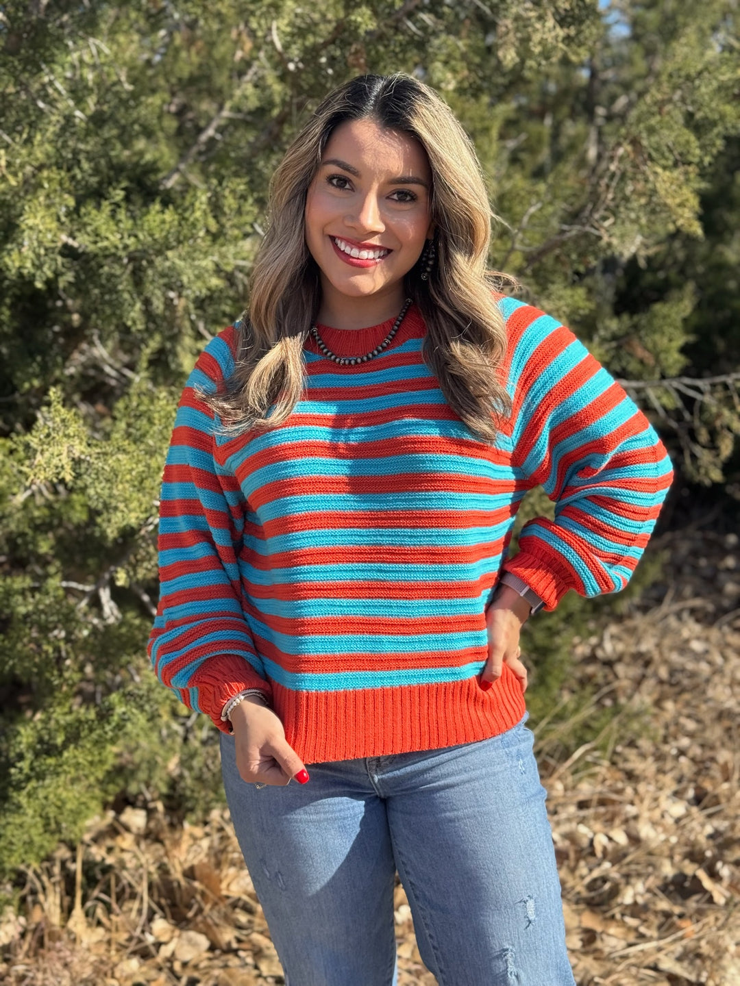 Karson Orange & Turquoise Striped Sweater