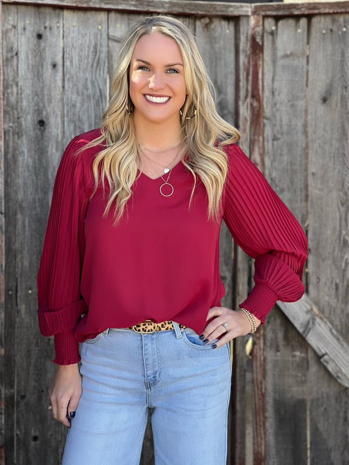 Caylee Ruby Red Pleated Sleeve Blouse