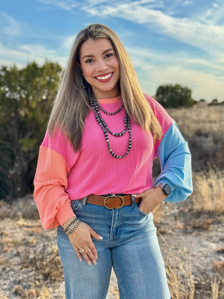Boho Retro Pink Ribbed Top