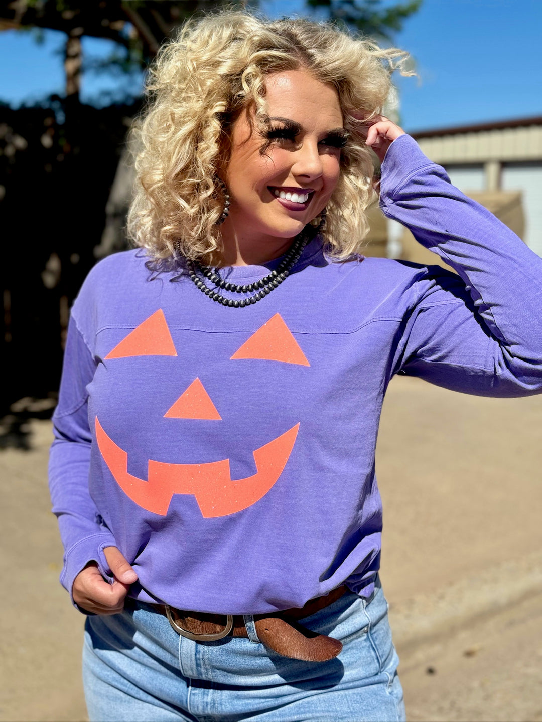 Long Sleeve Glitter Jack O' Lantern Graphic Tee by Texas True Threads