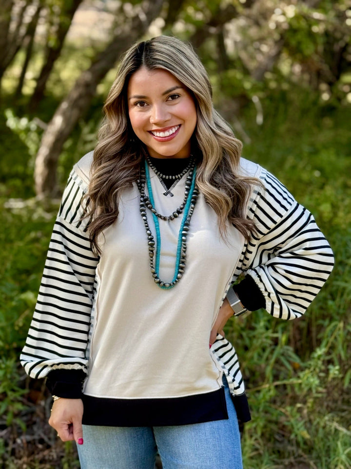 Oaklyn Cream Striped Sleeve Top