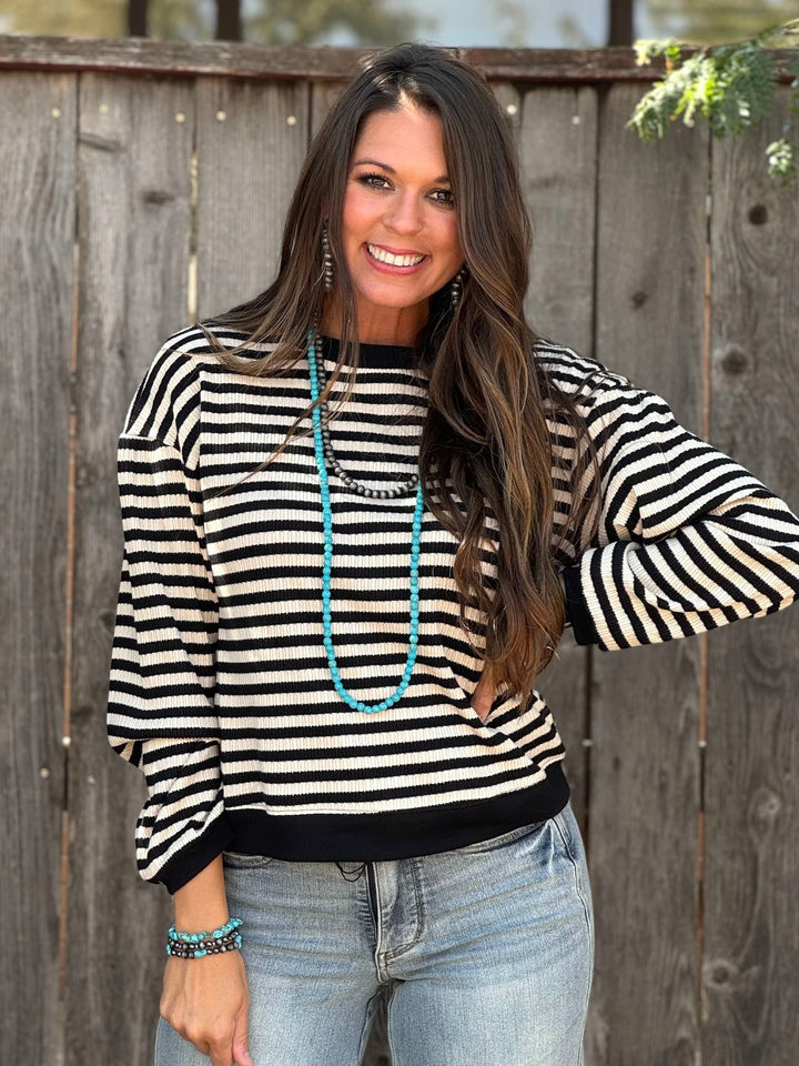 Candace Ribbed Cream & Black Striped Pullover