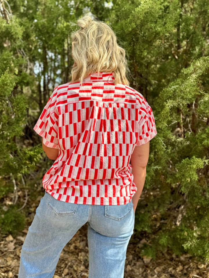 Quincy Pink & Red Button Top