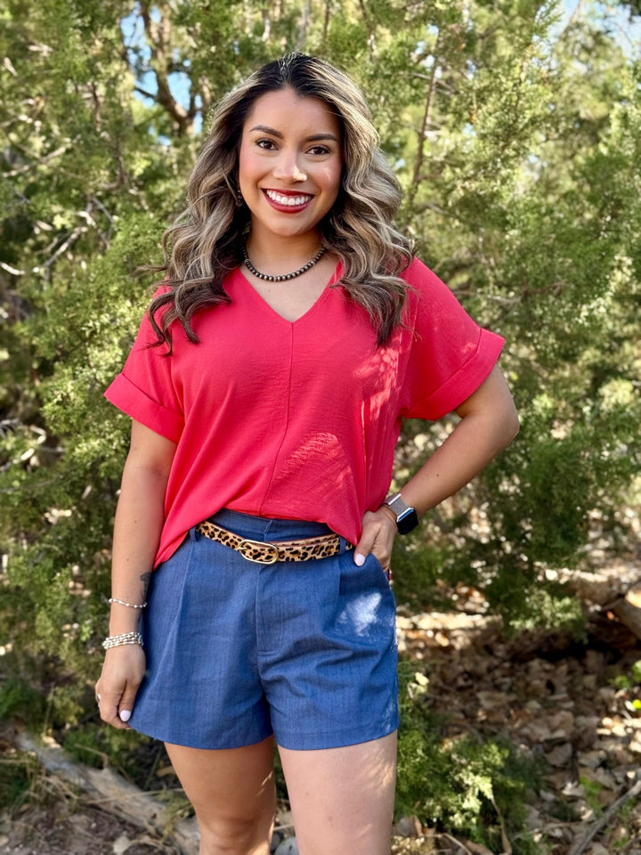 Keely Coral V-Neck Top