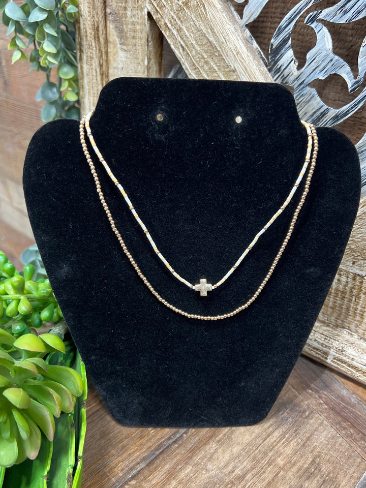 Dionne 2 Strand Gold & White Bead Necklace