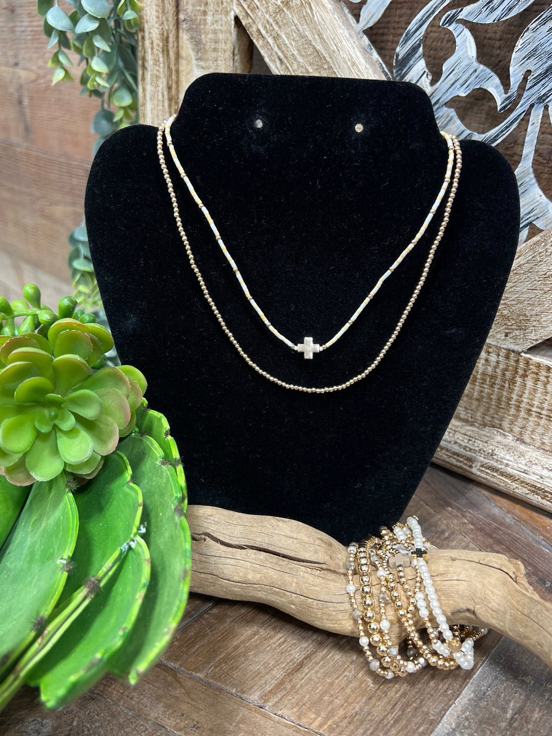 Dionne 2 Strand Gold & White Bead Necklace