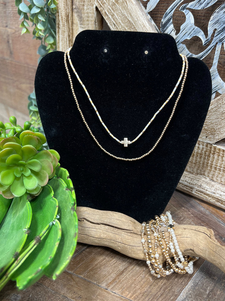 Dionne 2 Strand Gold & White Bead Necklace