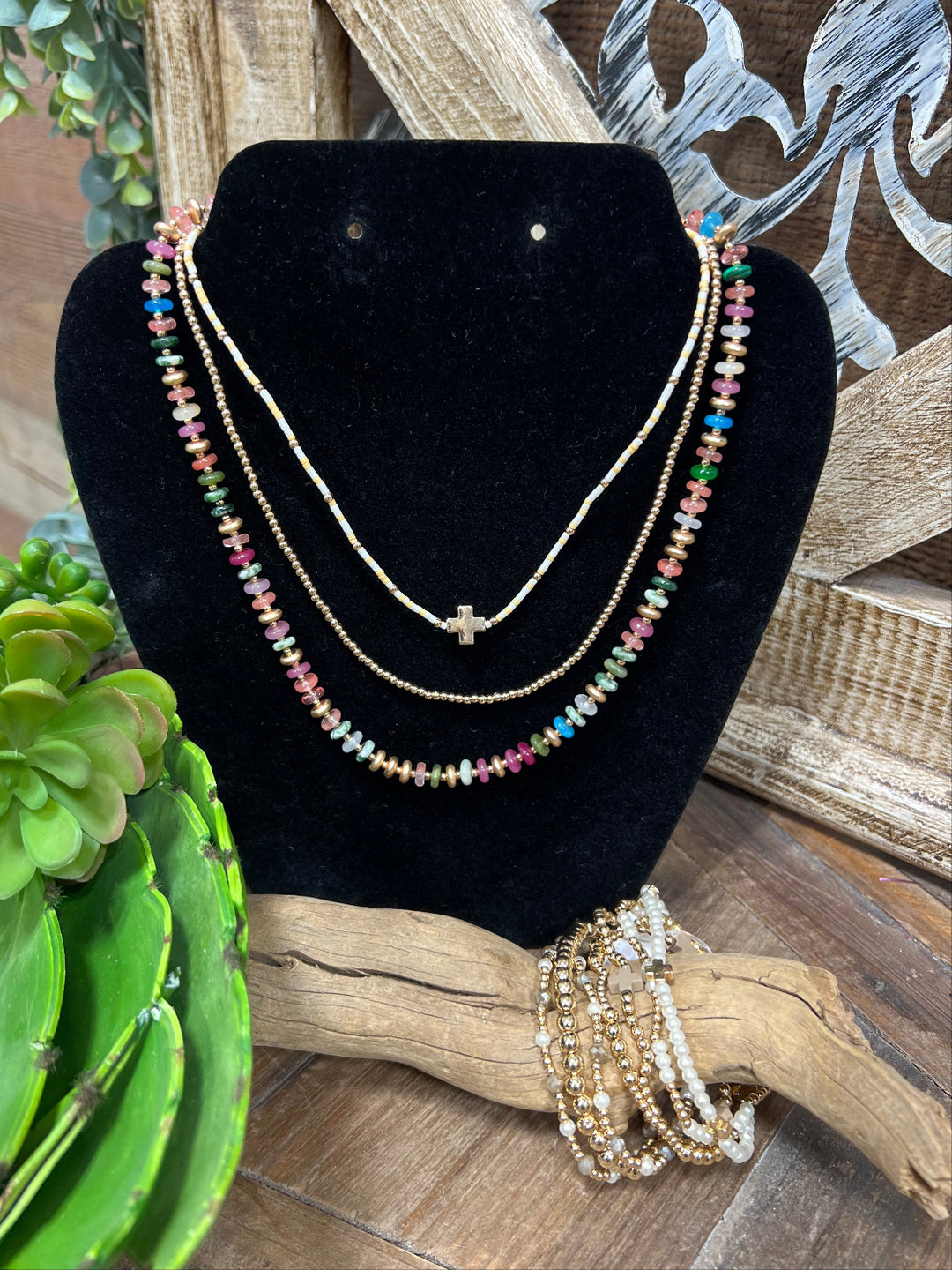 Dionne 2 Strand Gold & White Bead Necklace