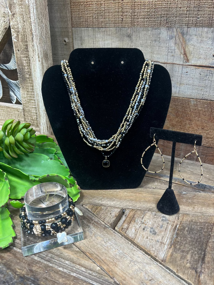 Azel 6 Strand Gold & Black Necklace