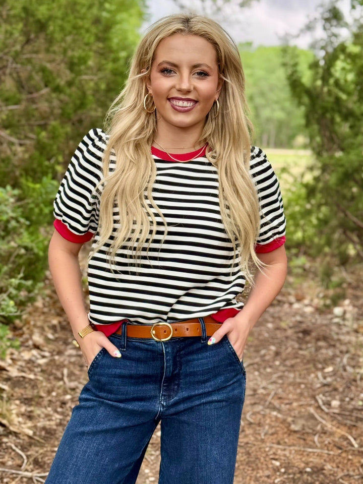 Cloette Striped Top with Red Trim