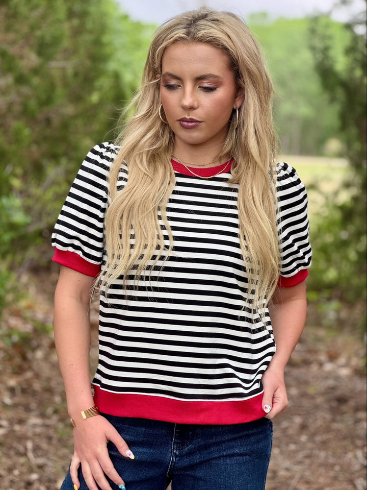 Cloette Striped Top with Red Trim