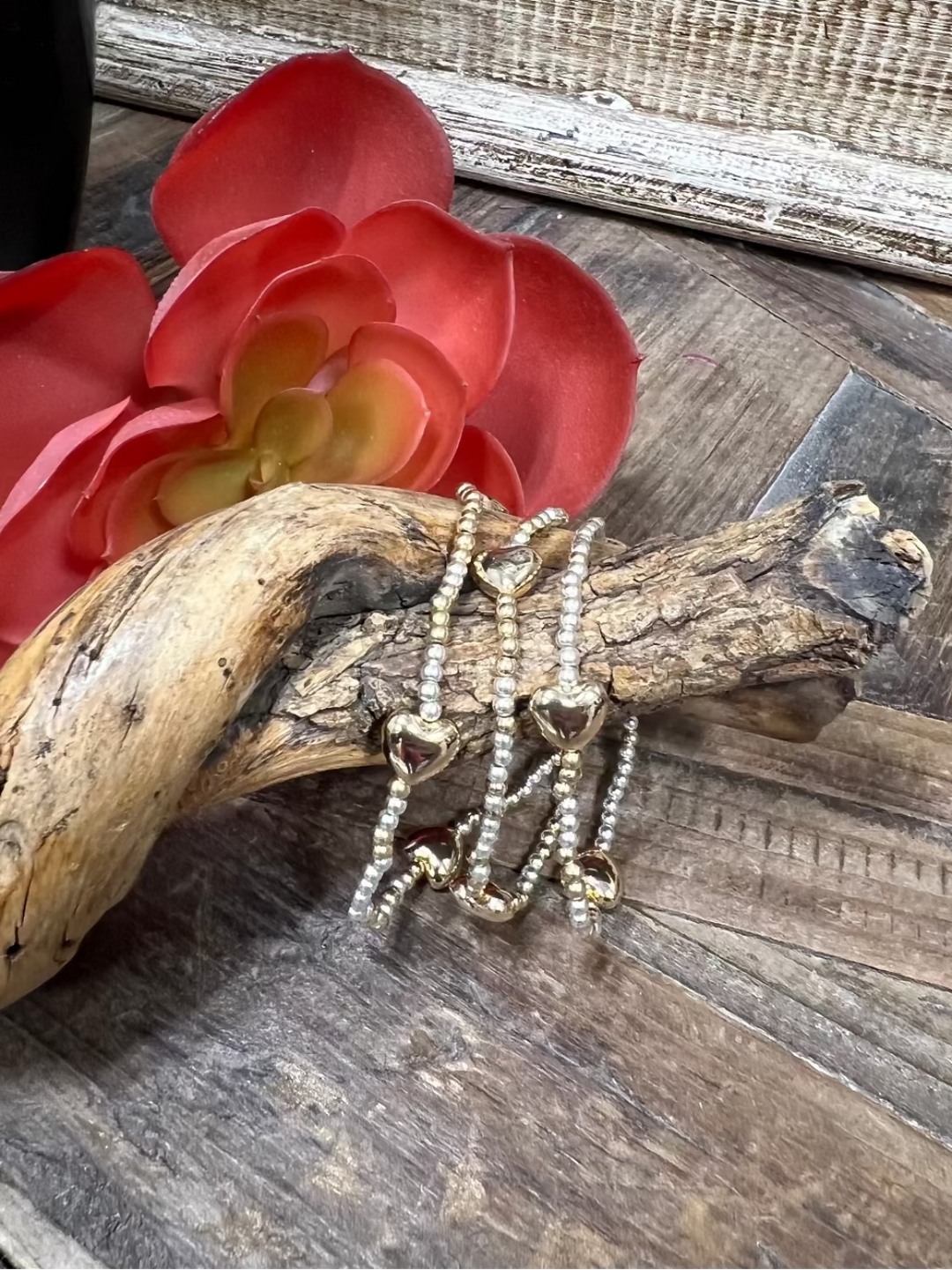 Golden Heart Trio Silver & Gold Bracelet Set