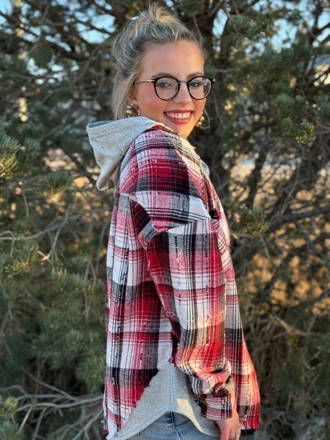 Loren Red Plaid Hooded Shacket