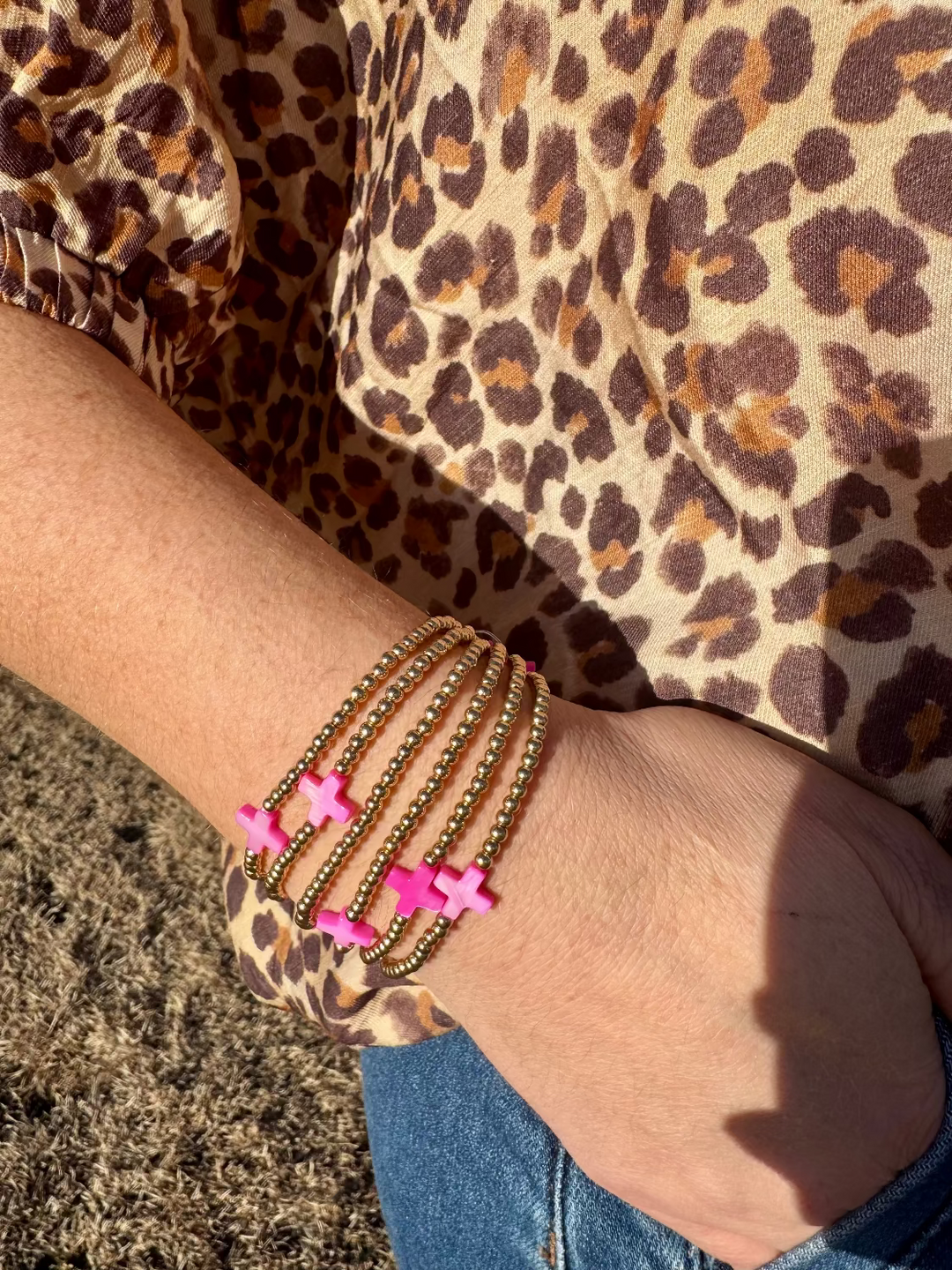 Neely Beaded Pink Cross Bracelet