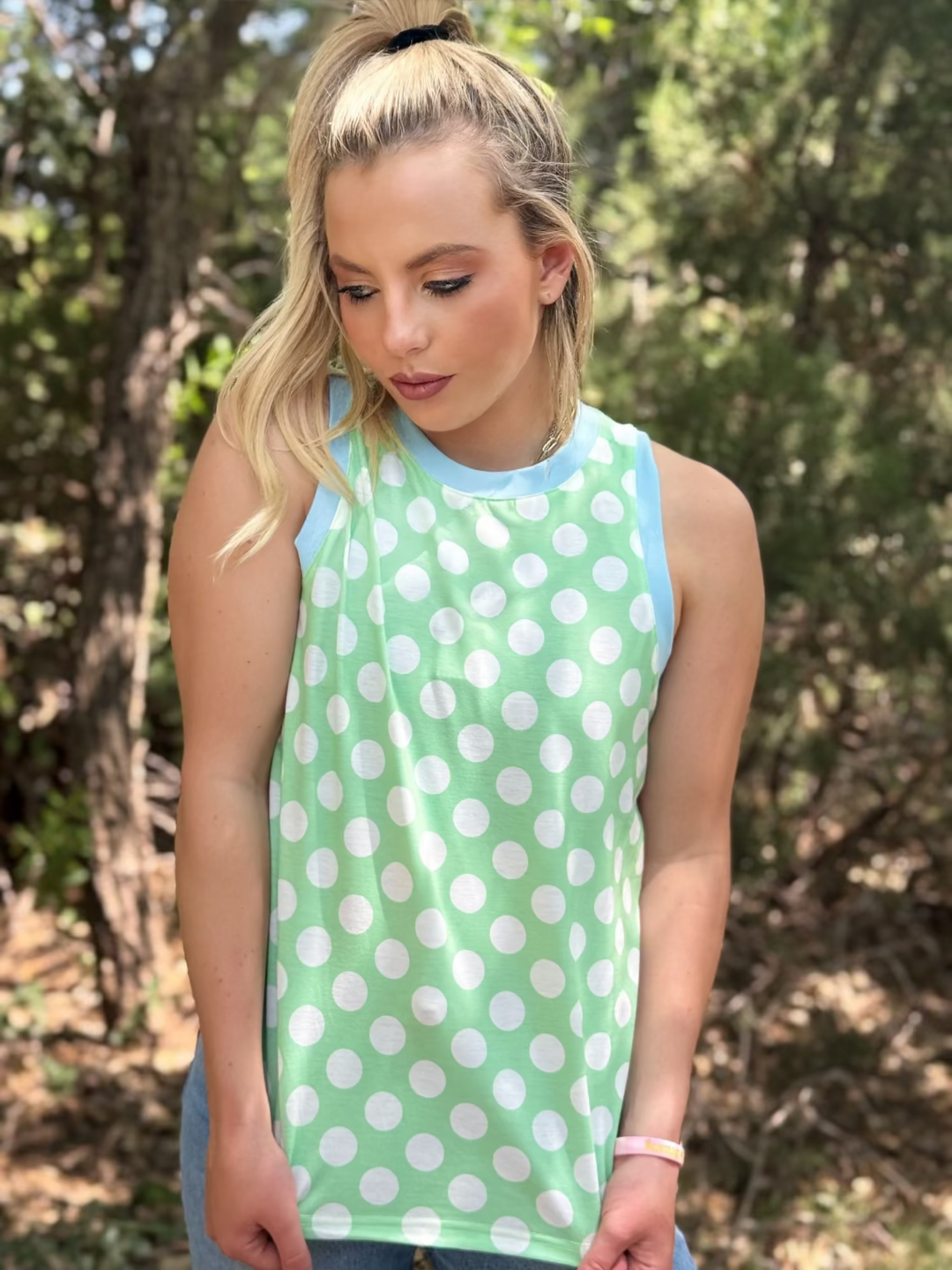 Green Polka Dot Contrast Tank