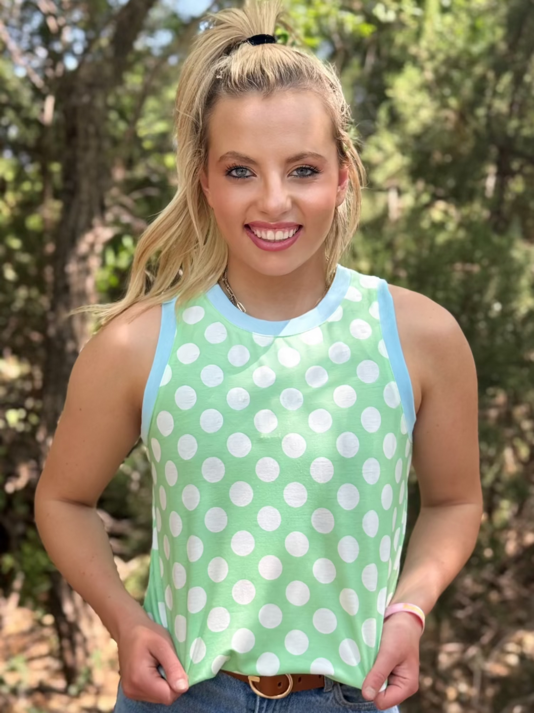 Green Polka Dot Contrast Tank