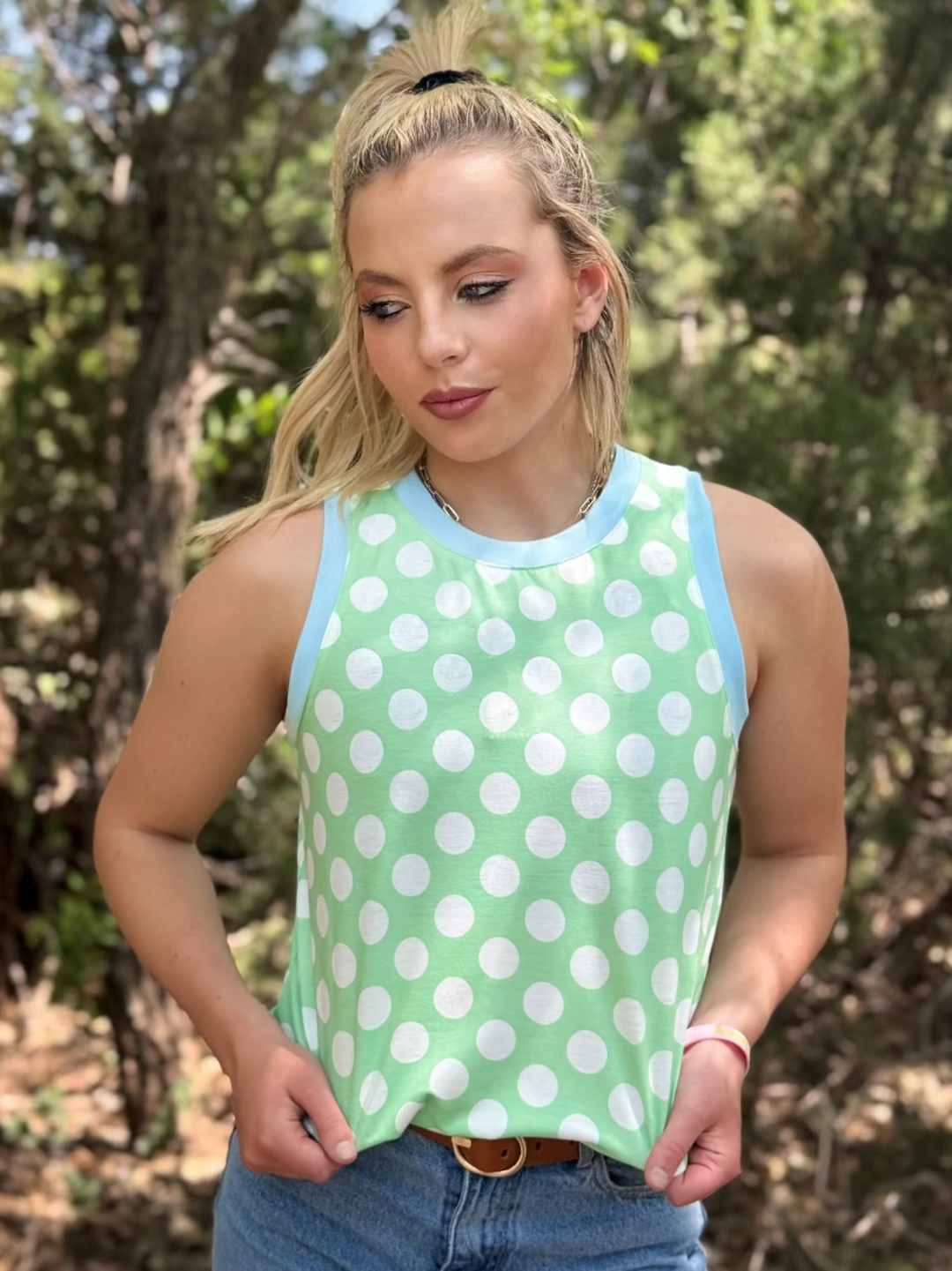 Green Polka Dot Contrast Tank