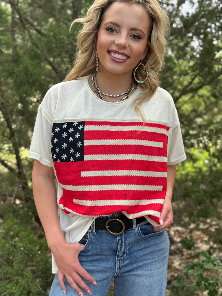 Linen USA Flag Cream Top