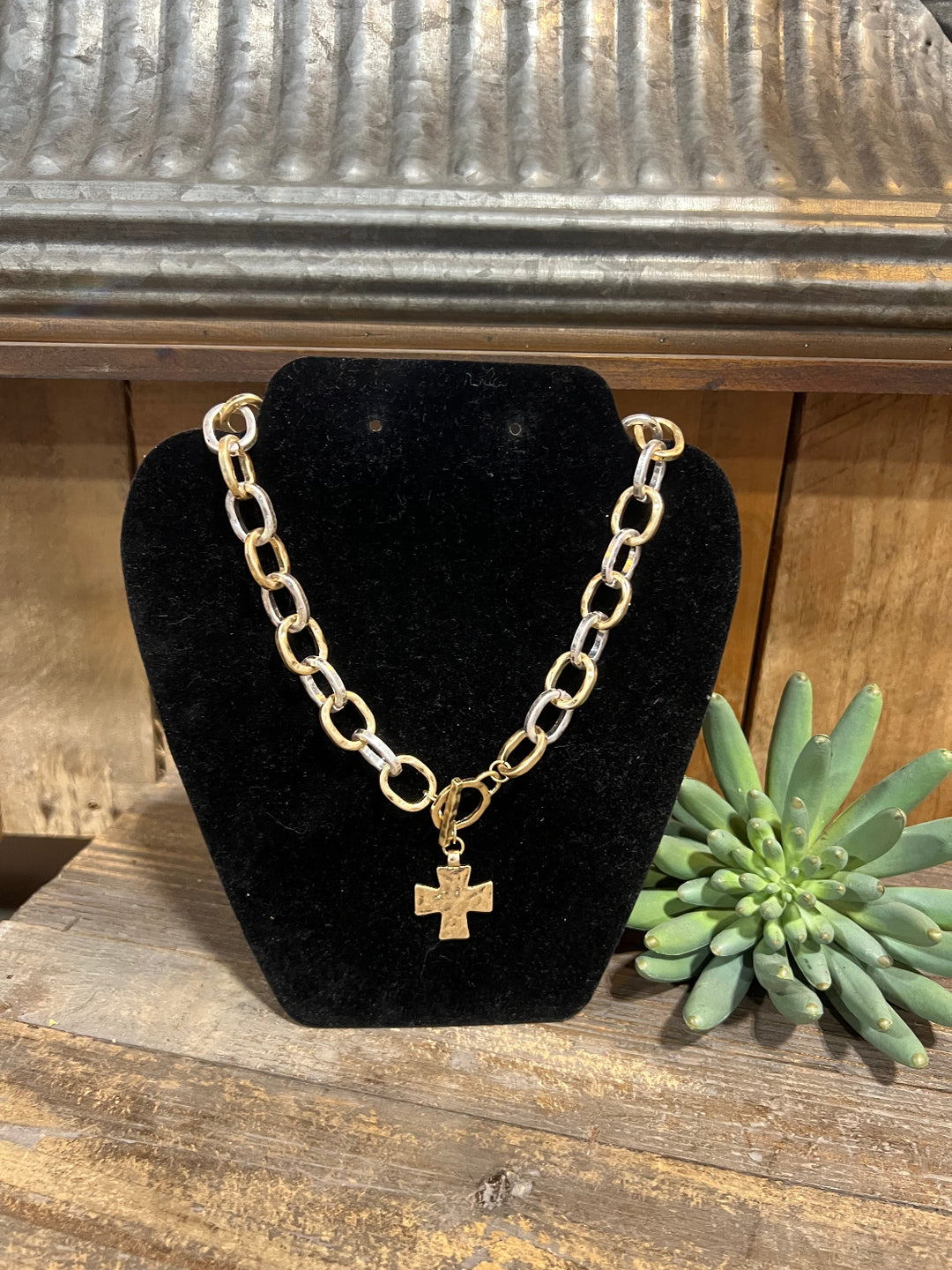 Chunky Gold & Silver Cross Necklace