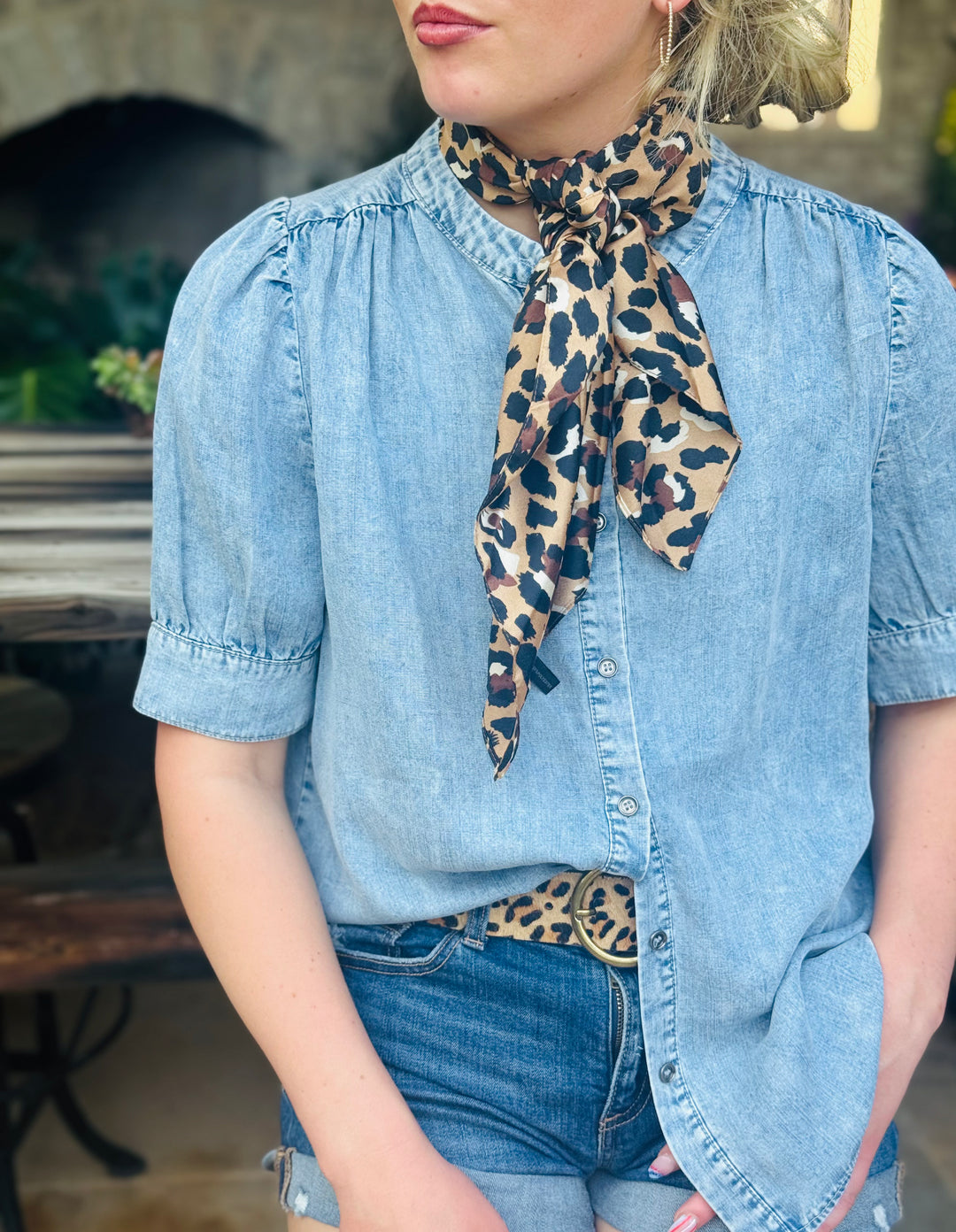 Puff Sleeve Button Down Denim Top