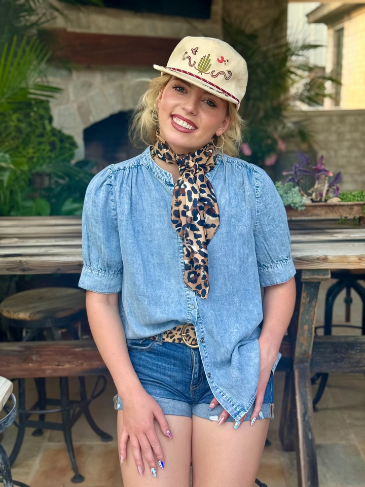 Puff Sleeve Button Down Denim Top