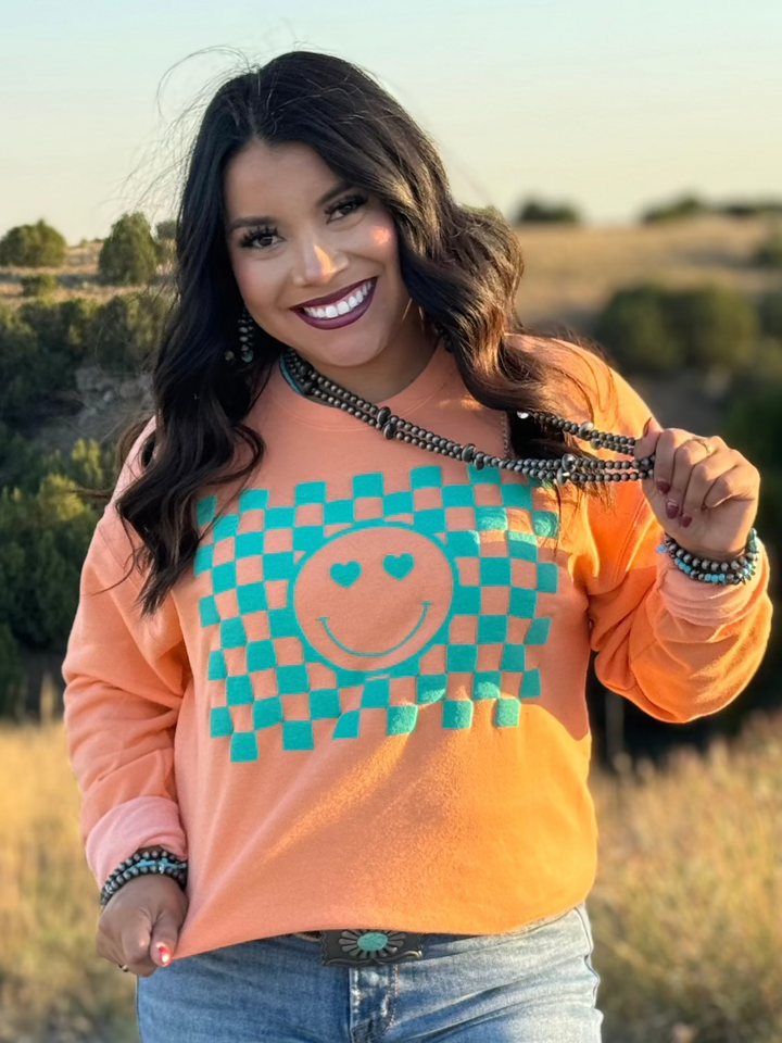 Smiley Face in Turquoise Puff Ink Sweatshirt by Texas True Threads