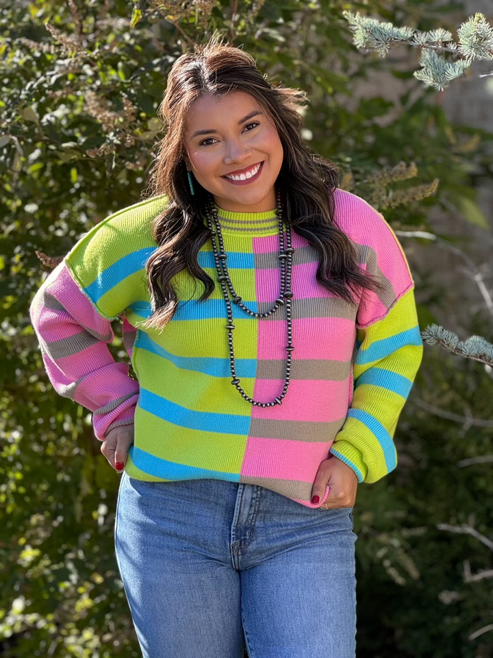 Treva Colorblock Lime Green & Pink Striped Sweater