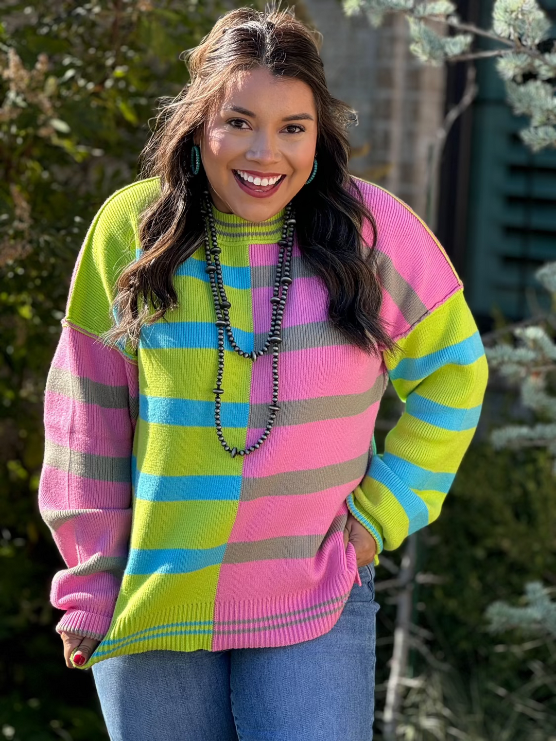 Treva Colorblock Lime Green & Pink Striped Sweater