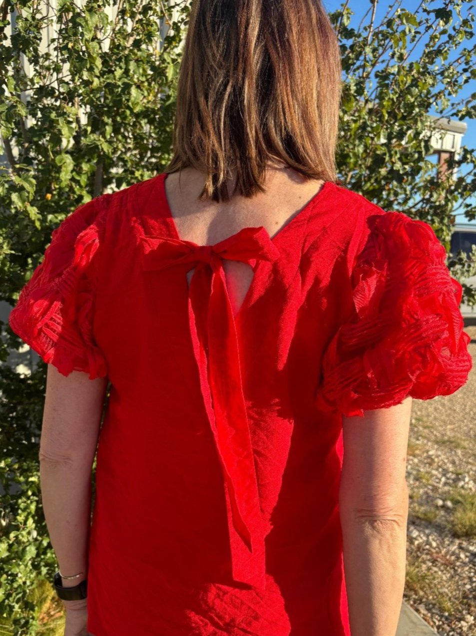 Willa Red V-Neck Blouse with Puff Sleeves