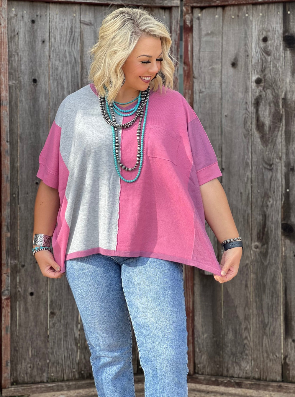 pink and grey colorblock top 