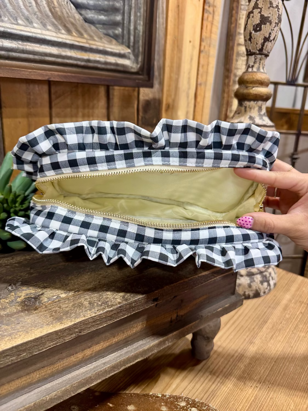 Gingham Frilly Cosmetic Bag