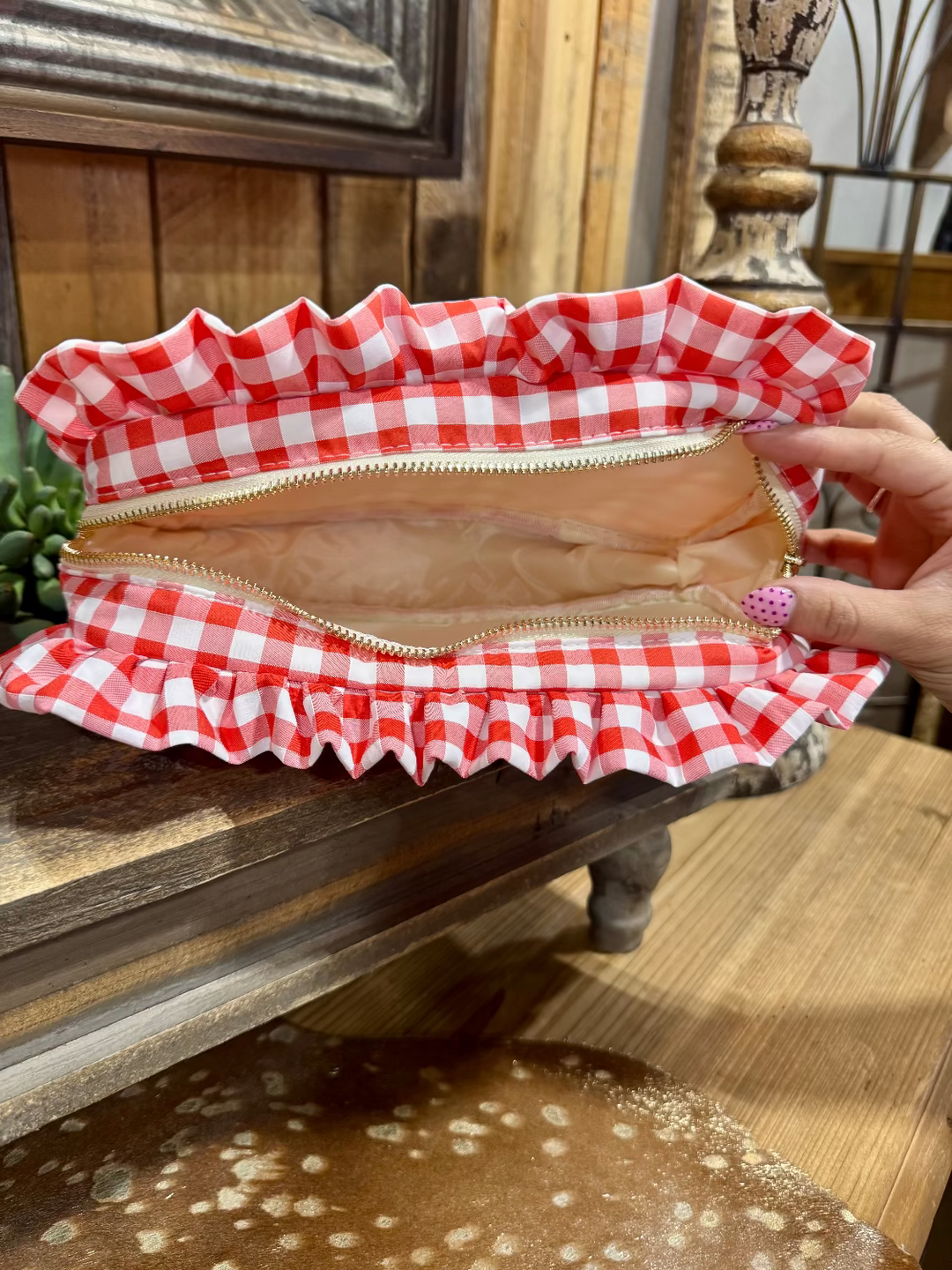 Gingham Frilly Cosmetic Bag