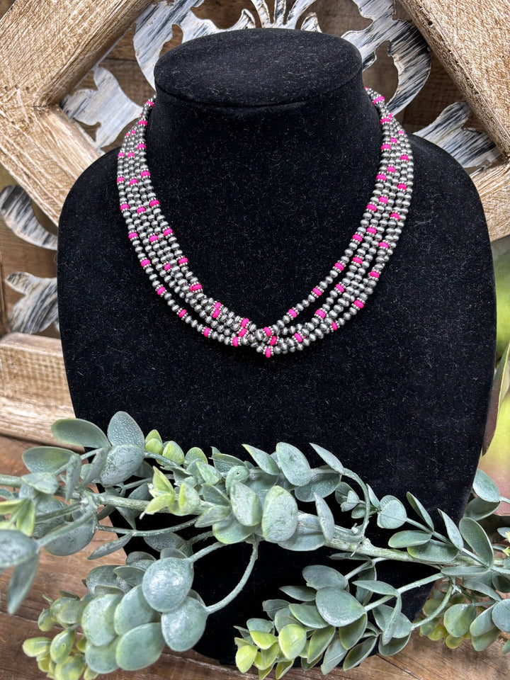 Monroe Pink & Silver Faux Navajo Bead Necklace