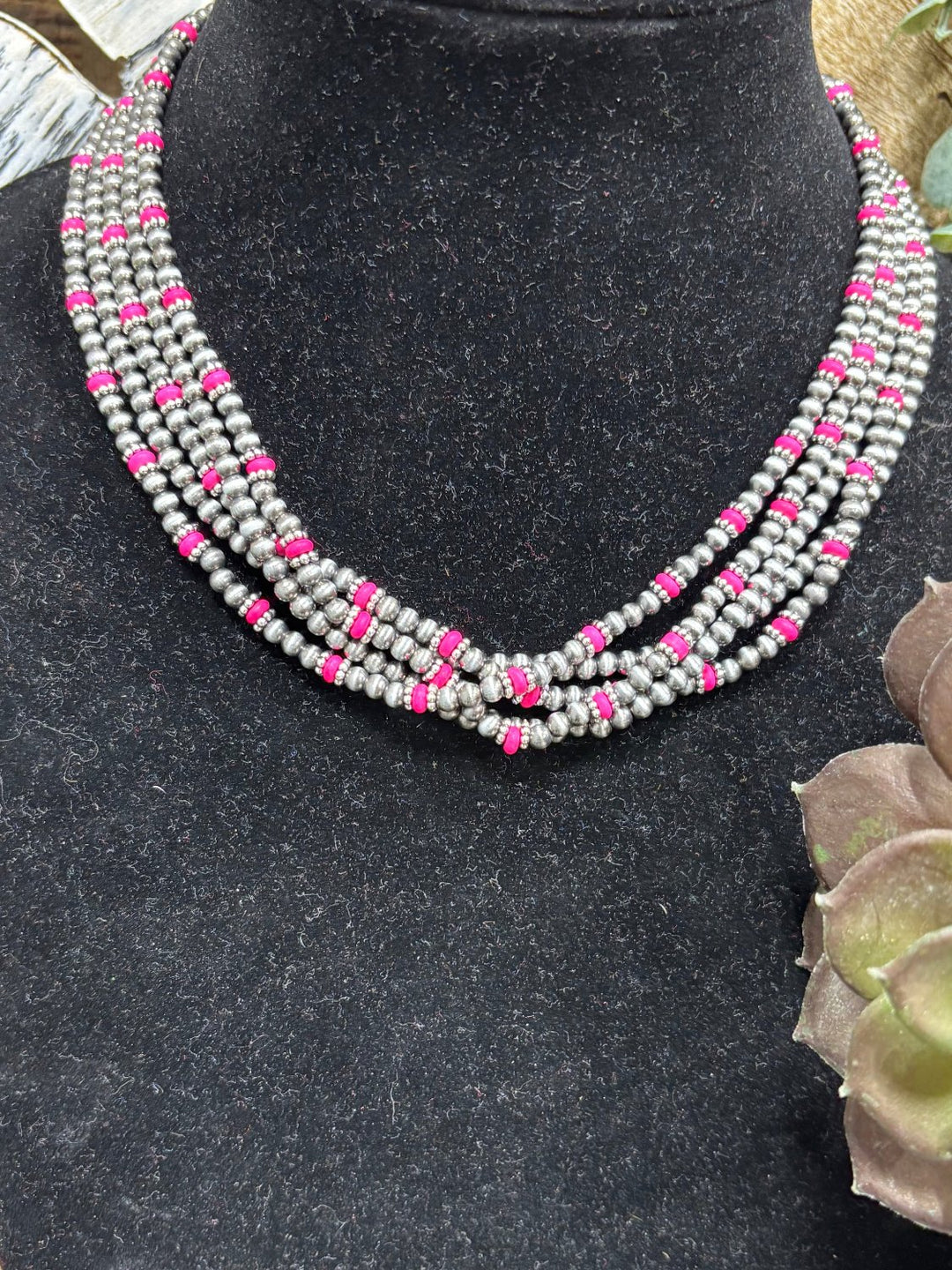 Monroe Pink & Silver Faux Navajo Bead Necklace